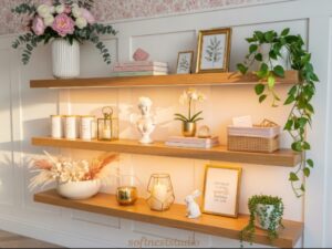 Wooden floating shelves with aesthetic decor and LED lights