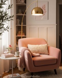 Cozy reading nook with blush pink armchair and floor lamp