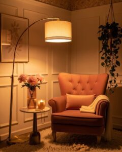 Cozy reading nook with blush pink armchair and floor lamp