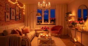 Warm layered lighting with fairy lights and chandelier