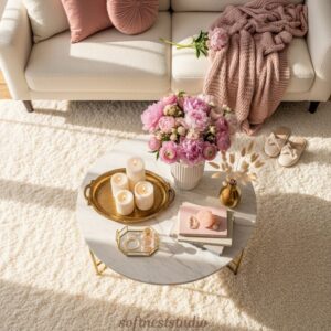 Round glass and gold coffee table for airy living room