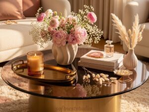 Styled marble coffee table with gold tray and candles