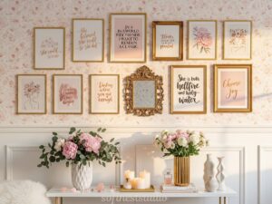Budget gallery wall with gold frames and botanical prints