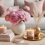 Pink flowers and candles on table