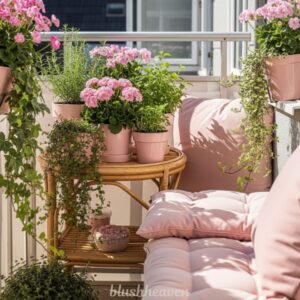 Sunny balcony with pink cushions, wicker table adorned with vibrant pink flowers and greenery in pots. Cozy, inviting atmosphere with a peaceful vibe.