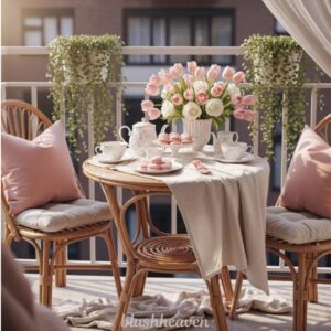 A cozy balcony scene with a wicker table set for tea, featuring pink tulips, roses, macarons, and cups. Soft cushions and trailing plants enhance the serene atmosphere.