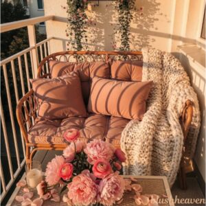 Cozy balcony with a wicker sofa covered in pink cushions and a cream knit blanket. A table holds vibrant pink flowers and a candle, creating a warm, inviting atmosphere.