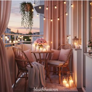 Cozy balcony at sunset with string lights, draped curtains, rattan furniture, pink cushions, and lit candles. A vase of roses adds a romantic touch.