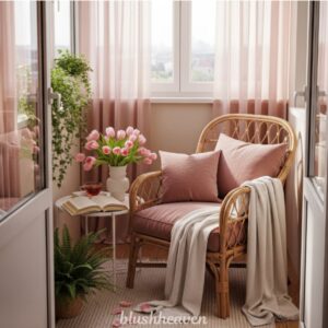 Cozy balcony with a wicker chair, pink cushions, and a beige throw. Soft pink curtains, potted plants, tulips, and an open book create a serene ambiance.