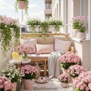 Cozy balcony with a wicker bench, pink cushions, lush pink flowers, and trailing greenery. Refreshing lemonade and a peaceful, inviting vibe.