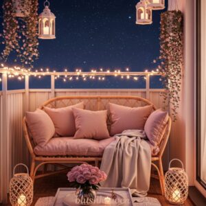 Cozy balcony at night with string lights and lanterns. A wicker loveseat with pink cushions, soft blanket, and roses adds warmth against a starry sky backdrop.