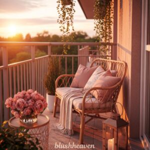 Cozy balcony at sunset with a wicker bench, pink cushions, and a blanket. A table holds pink flowers; lanterns and hanging plants enhance tranquility.