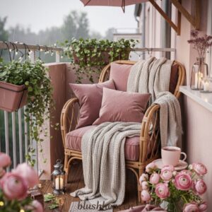 Cozy balcony scene with a wicker chair, pink cushions, and a knit blanket under a rainy sky. Potted plants, candles, and a lantern add warmth.