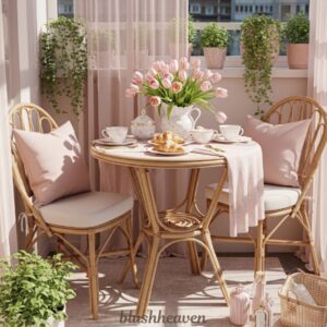 A cozy balcony with a round wicker table set for tea. Pink tulips in a vase, croissants, and teacups create a serene and inviting atmosphere.