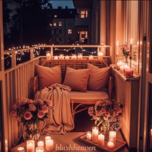 Cozy balcony at night with a wicker bench, soft cushions, and a warm blanket. Lit by candles and fairy lights, surrounded by pink roses. Tranquil ambiance.