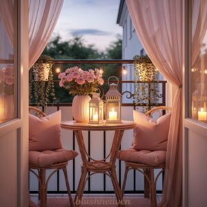 Cozy balcony at dusk with a small table, two cushioned chairs, pink roses, and glowing lanterns. Soft, inviting atmosphere with string lights.
