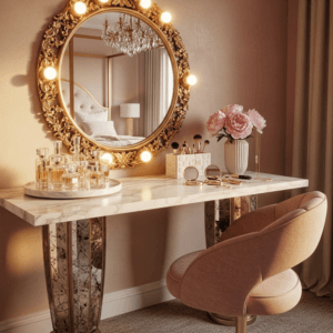 Small space marble vanity with a round gold lighted mirror and blush velvet chair.