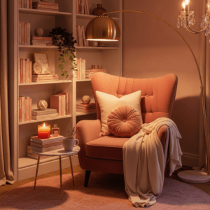 Small bedroom reading corner with a pink wingback chair, gold arch lamp, and bookshelves.