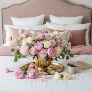 Large bouquet of pink and white peonies in a gold ribbed vase on a white bed.