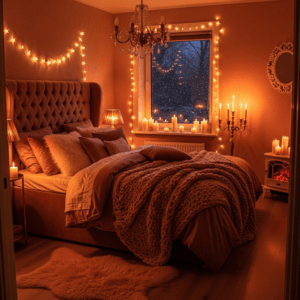 Romantic bedroom window at night decorated with warm white fairy lights and candles.
