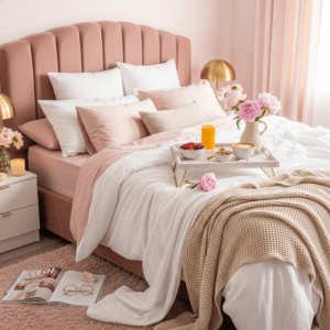 Luxury breakfast in bed on a marble tray with coffee, fruit, and fresh flowers.