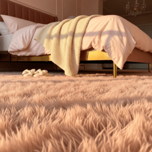 Close up of a high-pile blush pink faux fur rug next to a gold-legged bed.