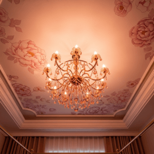 High-end bedroom ceiling with pink peony floral decals and a crystal chandelier.