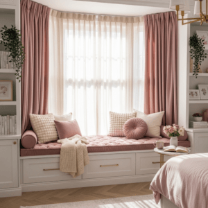 Built-in pink velvet window seat with storage drawers and cozy knit pillows.