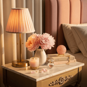 High-end bedroom ceiling with pink peony floral decals and a crystal chandelier.