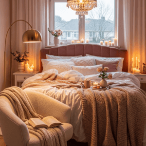 Cozy white boucle chair by a bedroom window with a chunky knit throw and candles.