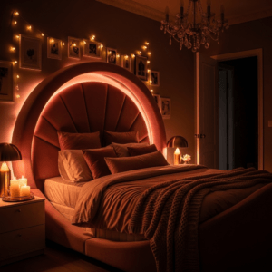 Modern circular blush headboard with warm LED backlighting and string lights.