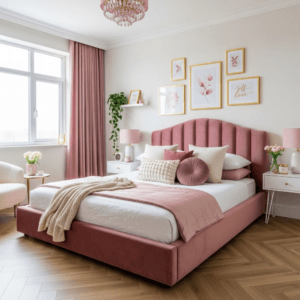Modern pink upholstered bed with a curated gallery wall of gold frames in a bright room.