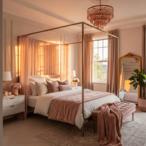 Elegant four-poster gold canopy bed with sheer pink curtains and a velvet bench.