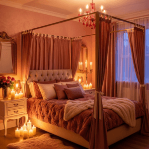 Nighttime view of a romantic canopy bed surrounded by candles and soft pink light.