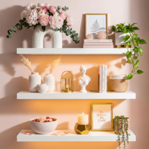 Aesthetic white floating shelves with gold accents, plants, and blush decor accessories.