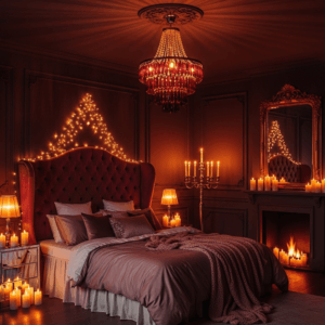 Dark moody blush bedroom with a crystal chandelier, fairy lights, and a warm fireplace glow.