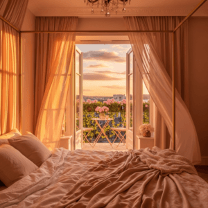 Floor-to-ceiling sheer blush drapes framing a bedroom balcony view at sunset.