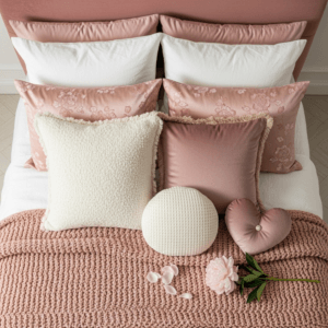 Overhead shot of layered blush, white, and velvet textures on a luxury bed.