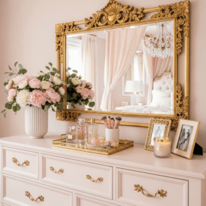 Pink bedroom dresser styled with a gold ornate mirror, fresh peonies, and perfume tray.