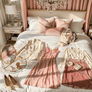 Aesthetic outfit flatlay on a bed featuring a pink dress, cream blazer, and gold jewelry.