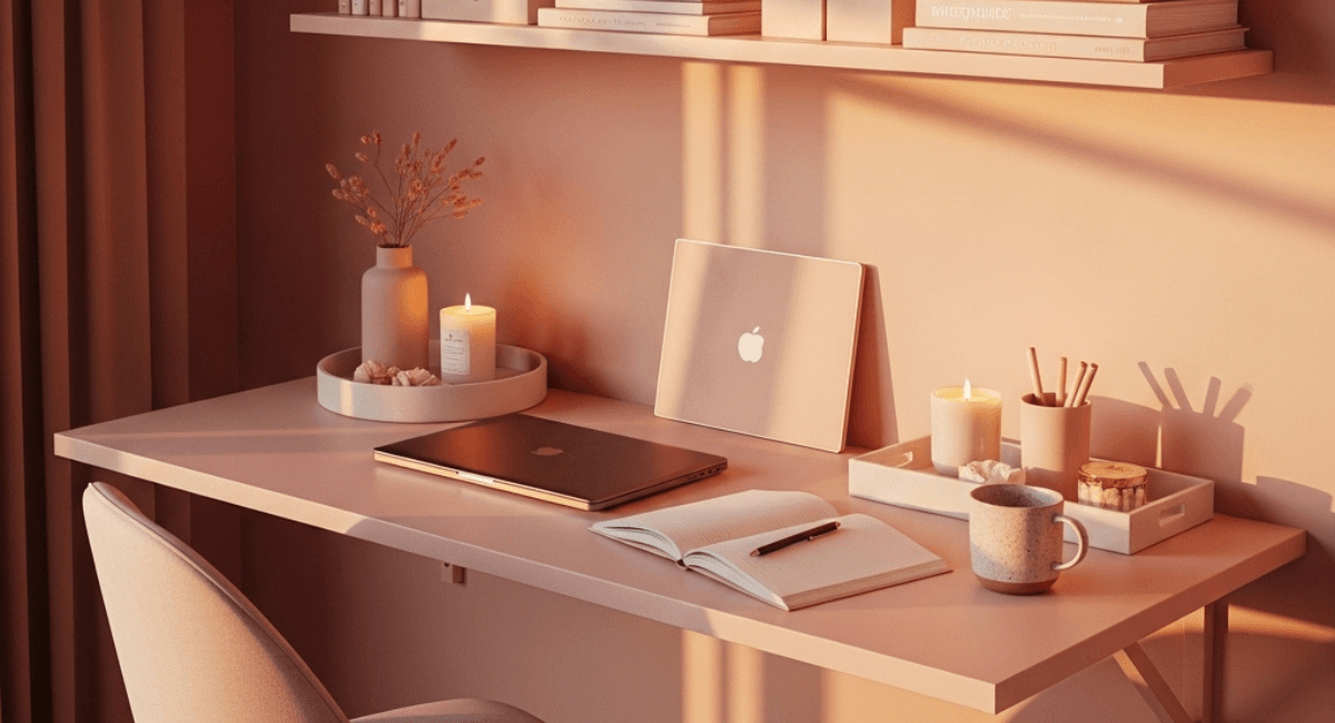 Cozy, minimalistic workspace with candles.
