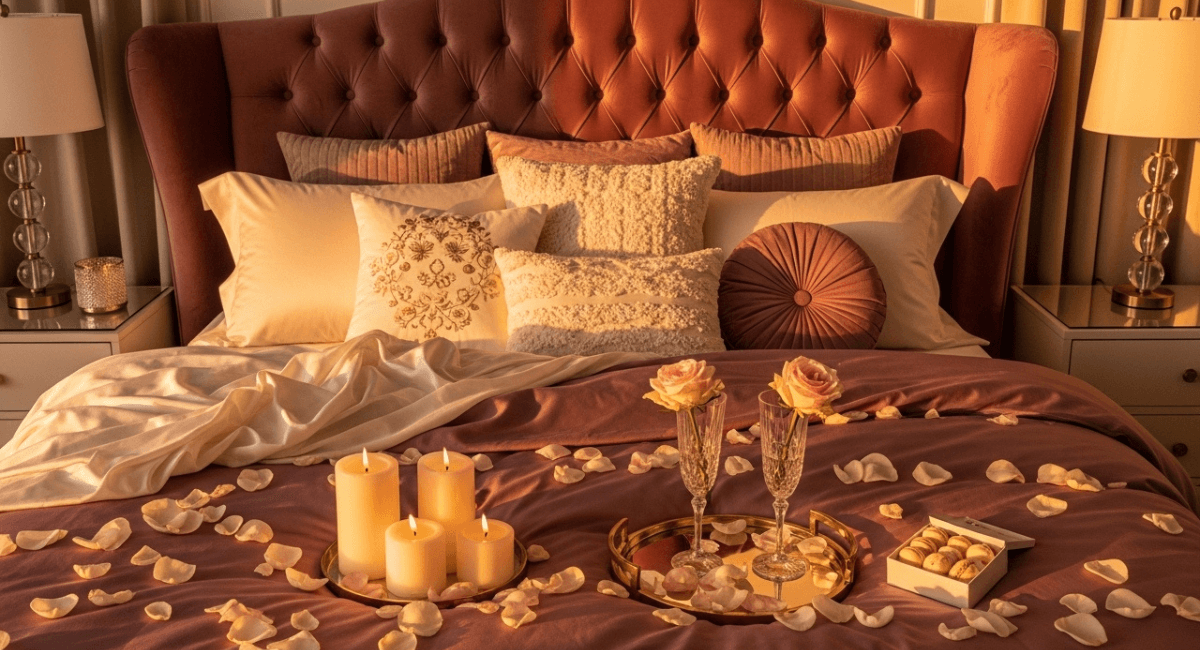 Luxury blush tufted headboard with warm candles and rose petals on a messy-chic bed.