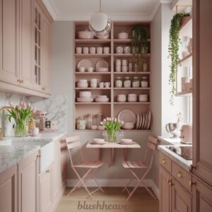 Cozy kitchen in soft pink tones with sleek marble countertops, a small dining table set for two, lush greenery, and elegant dishware on open shelving.