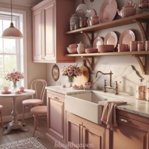 Cozy kitchen with pink cabinets, open shelves displaying pink dishes, and a marble countertop. A round table with flowers adds charm by a window.
