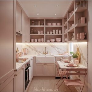 A cozy kitchen with pink cabinets and open shelves, filled with pink dishware. Marble countertops and backsplashes add elegance. Warm lighting creates a soft ambiance.