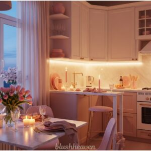 Cozy kitchen with blush pink cabinets, warm lighting, and candles on a marble counter. Fresh tulips and elegant place settings add a romantic touch.
