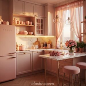 Cozy kitchen with pink cabinets, a matching fridge, and a marble countertop. Soft lighting and pink decor create a warm, inviting atmosphere.