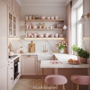 A pastel pink kitchen with elegant marble countertops, open shelves, and a vase of tulips. Warm lighting and soft accents create a cozy, inviting feel.