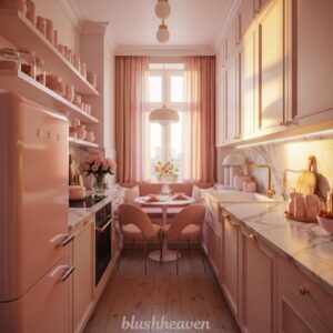 Cozy kitchen with a pink theme, featuring marble countertops, pink appliances, a round dining table with pink chairs, and a window with pink curtains.