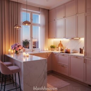 Cozy kitchen with pink cabinets, marble countertops, and soft lighting. Candles and flowers on the island create a warm, inviting ambiance.